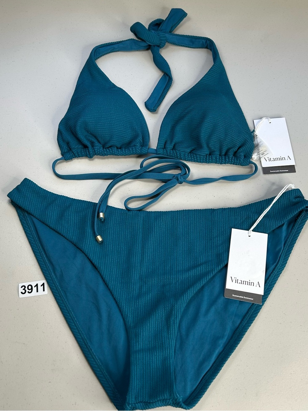 Vitamin A Bikini Set Blue XXL Triangle Halter Top Full Coverage Bottom Ribbed